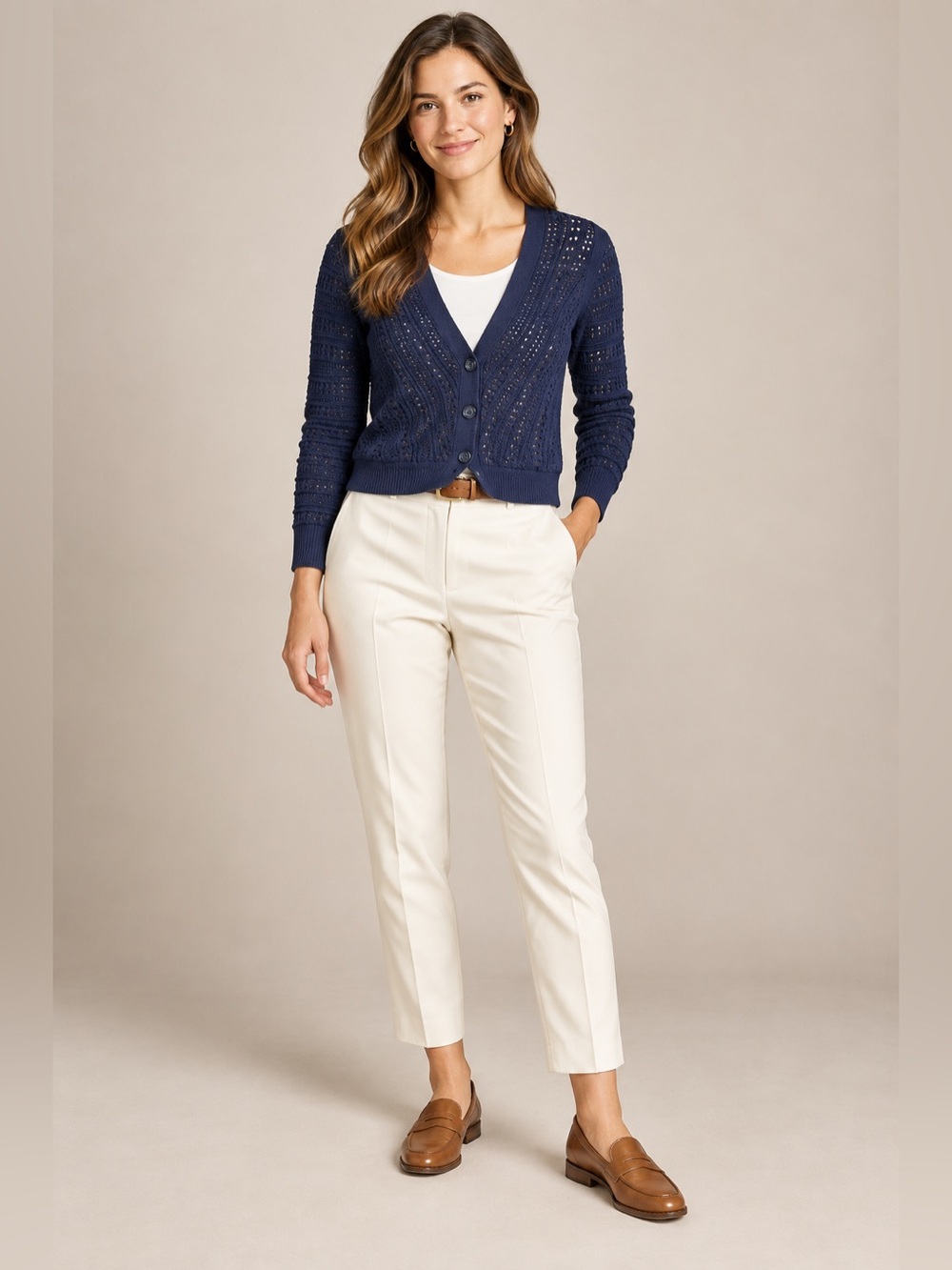 Talbots Women’s XS Navy Pointelle Crochet Knit Cotton Cardigan Sweater